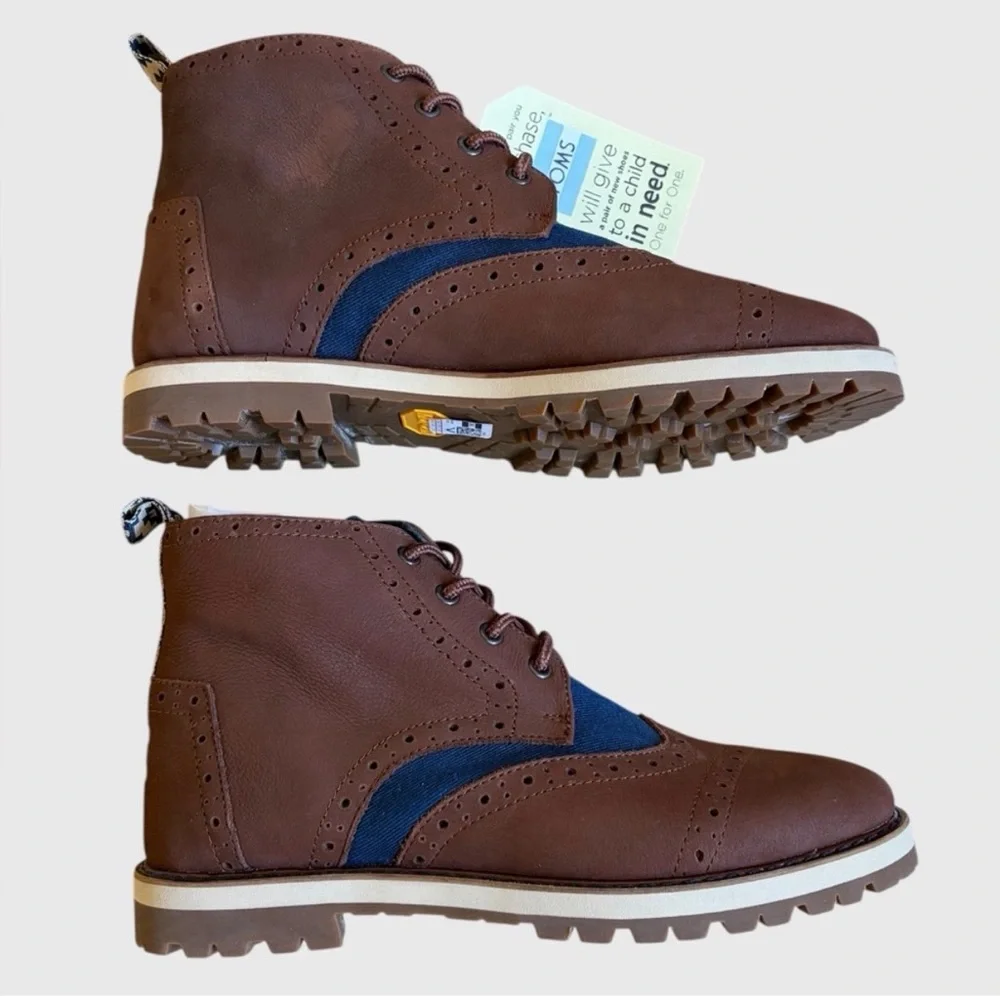 Tom’s Men's Hombres Brogue Leather Chestnut Brown Blue Preppy Boots